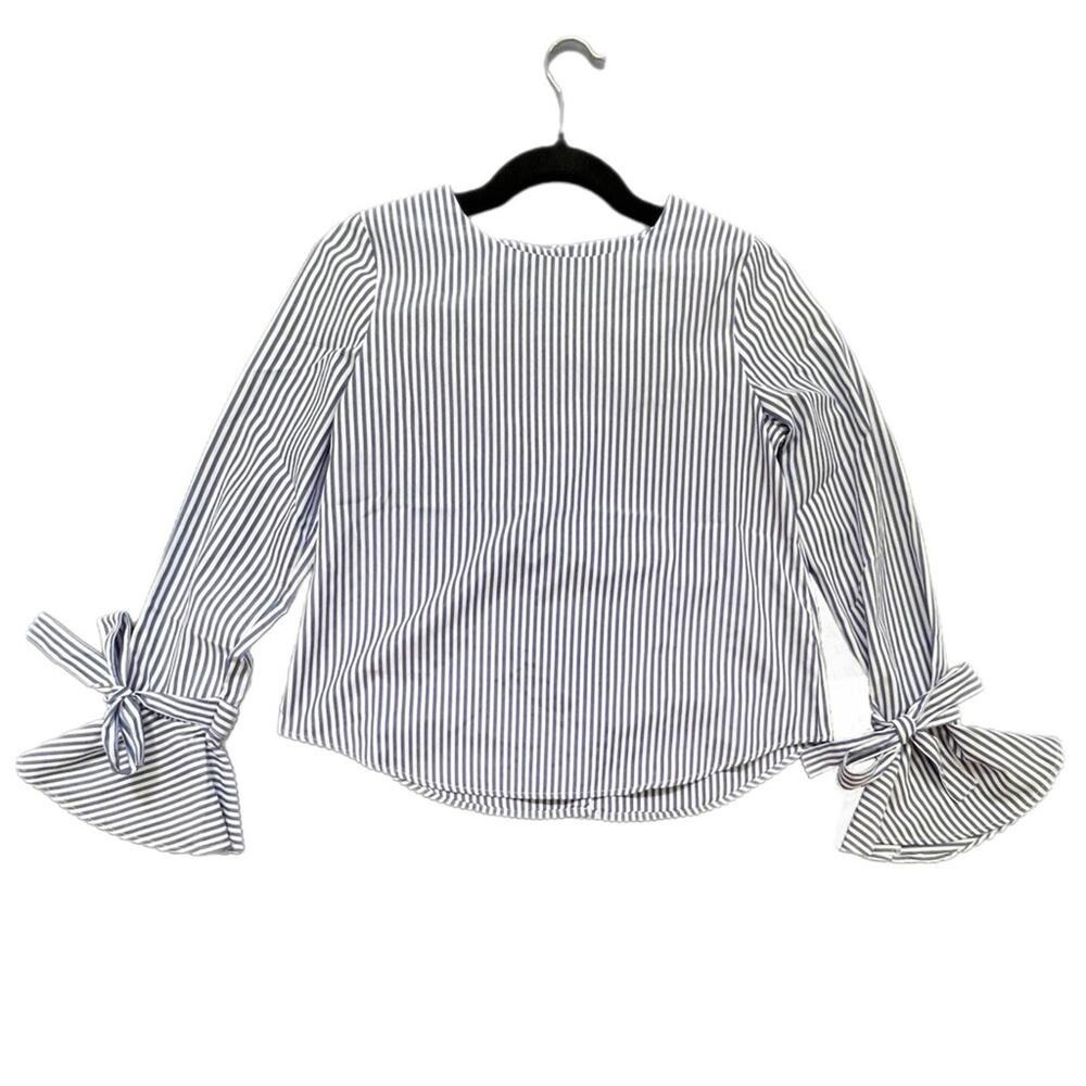 J.O.A. Blouse Blue White Striped Bell Sleeve Tie Wrist Back Button XS